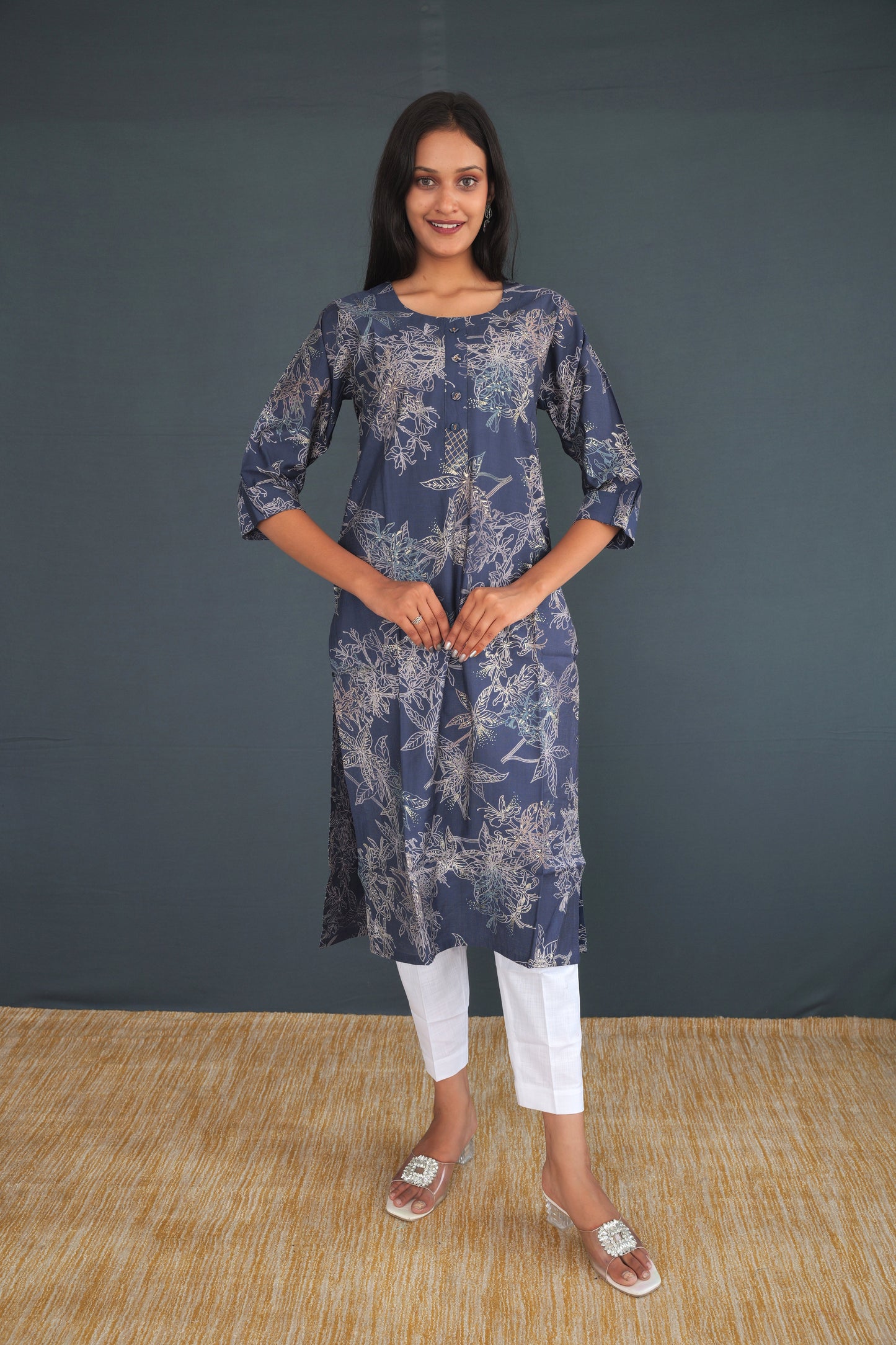 Navy Blue Printed Khadi Raw Silk Kurti for Women | Handwoven Floral Straight Fit Ethnic Wear | Sustainable Indian Fashion