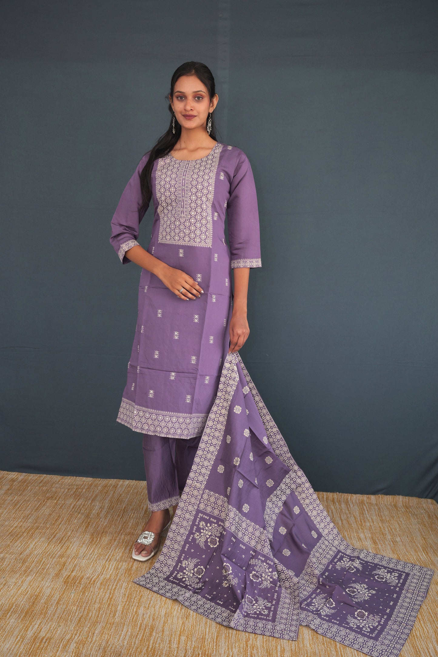 Lavender Handwoven Khadi Silk Suit Set for Women | Embroidered Kurta with Pants & Dupatta | Elegant Festive Ethnic Wear