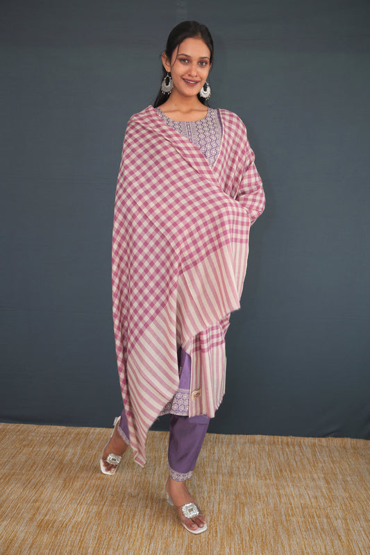 Pink & Cream Handwoven Khadi Silk Stole | Pure Handloom Check Pattern Dupatta