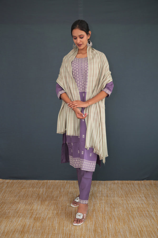 Beige & Olive Green Handwoven Khadi Silk Stole | Pure Handloom Striped Shawl | Sustainable Indian Khadi Silk Wrap for Women