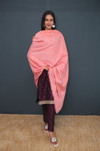 Peach Pink Handwoven Khadi Silk Stole | Pure Handloom Woolen shawl with Traditional Motifs | Sustainable Indian Khadi Silk Wrap for Women(21)