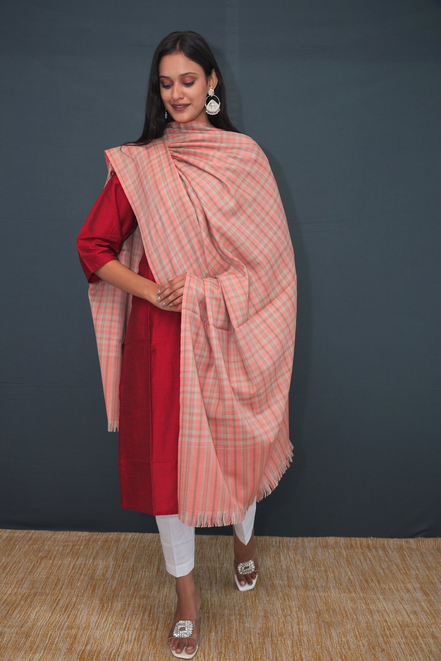 Coral Peach Handwoven Khadi Silk Stole | Pure Handloom Checked Dupatta