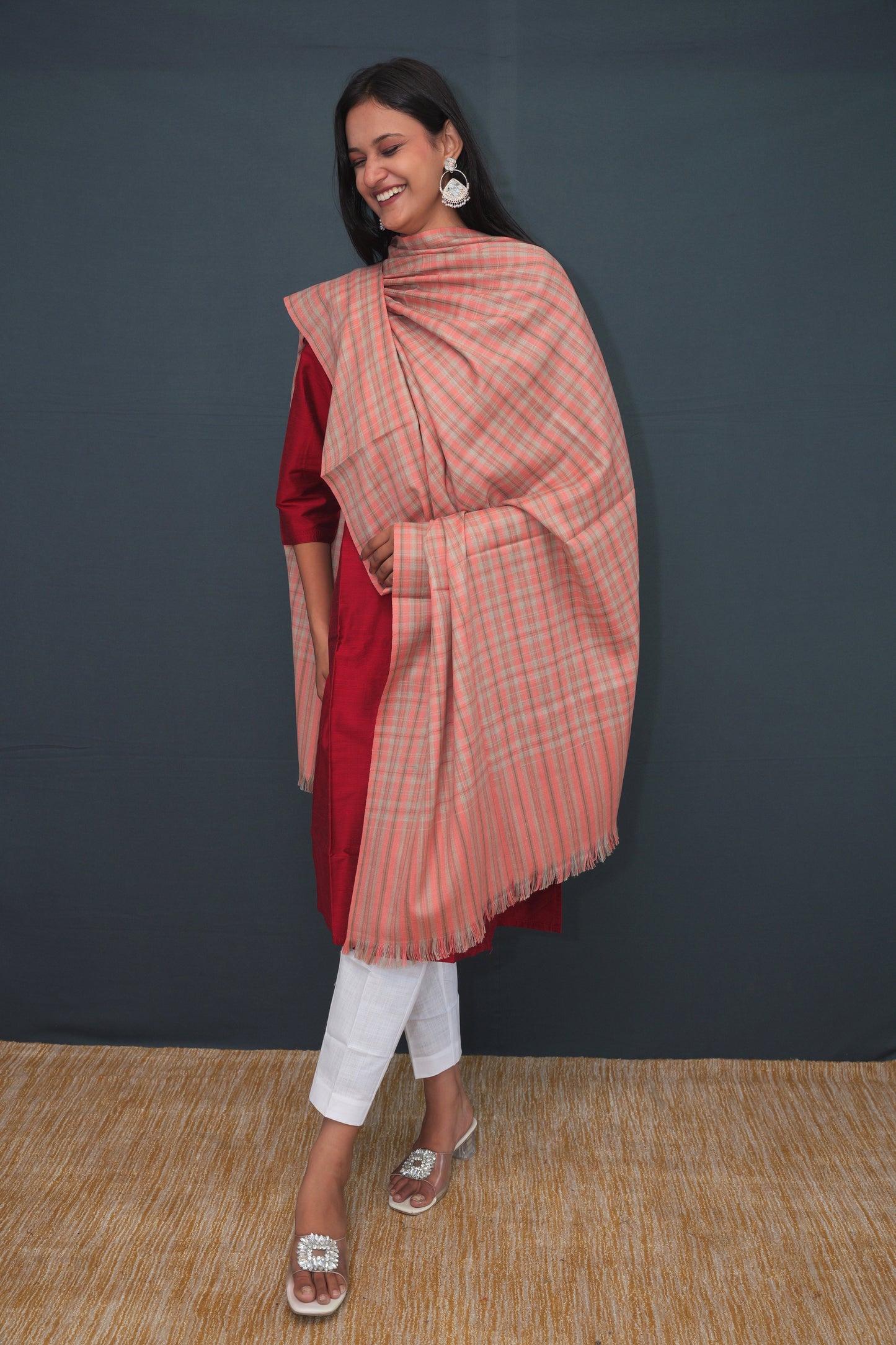 Coral Peach Handwoven Khadi Silk Stole | Pure Handloom Checked Dupatta