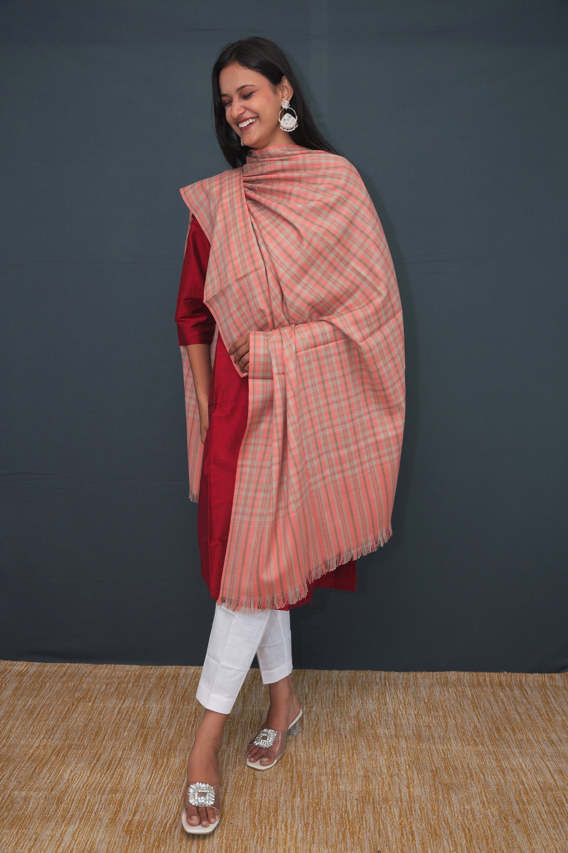 Coral Peach Handwoven Khadi Silk Stole | Pure Handloom Checked Dupatta
