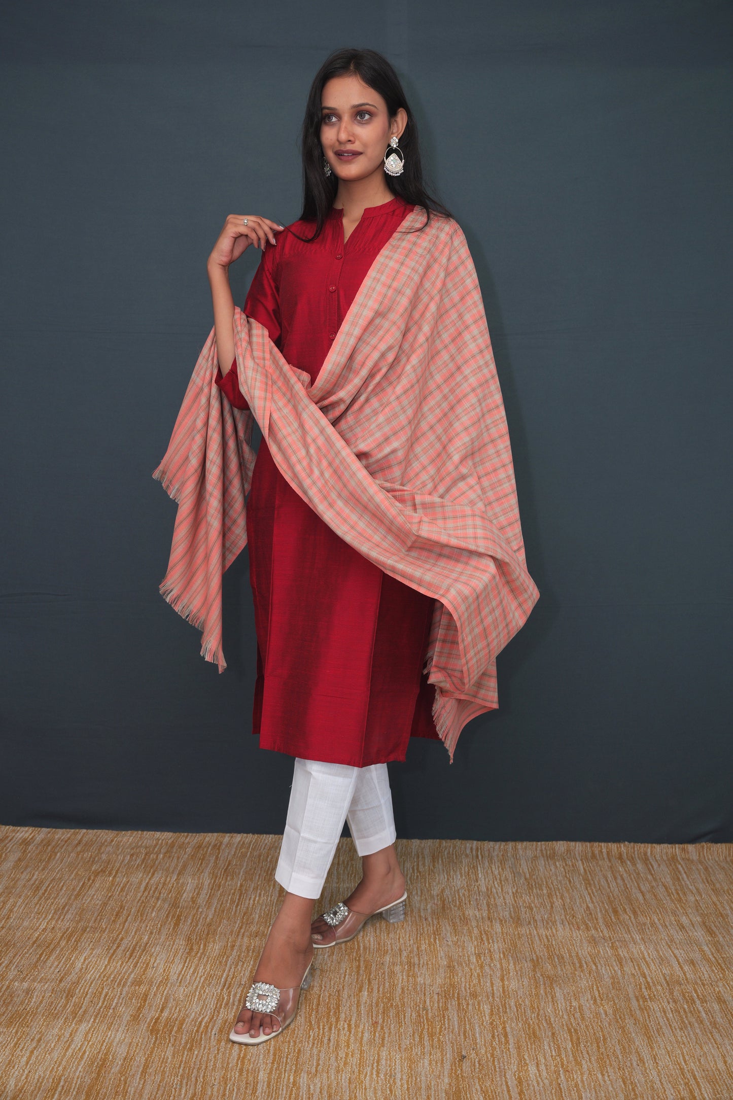 Coral Peach Handwoven Khadi Silk Stole | Pure Handloom Checked Dupatta