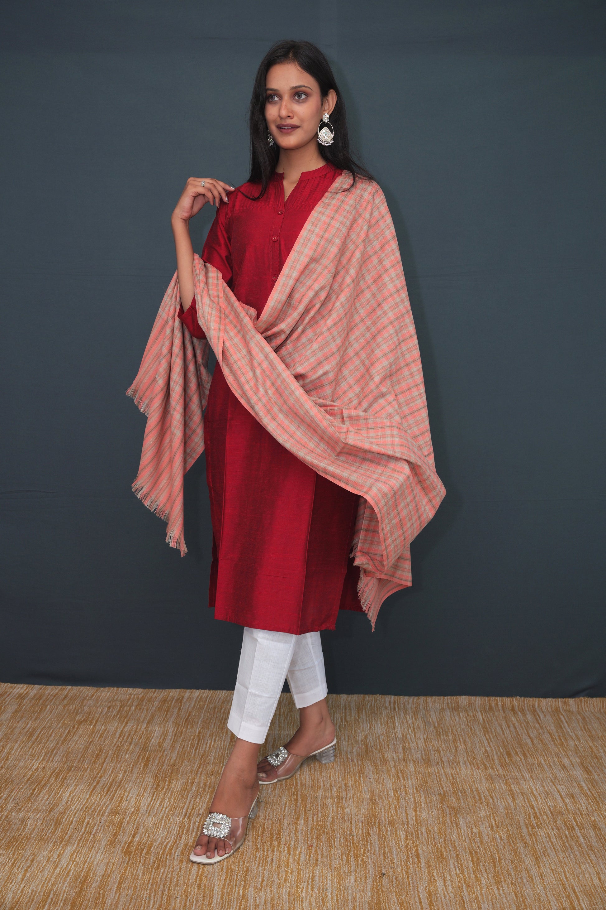 Coral Peach Handwoven Khadi Silk Stole | Pure Handloom Checked Dupatta