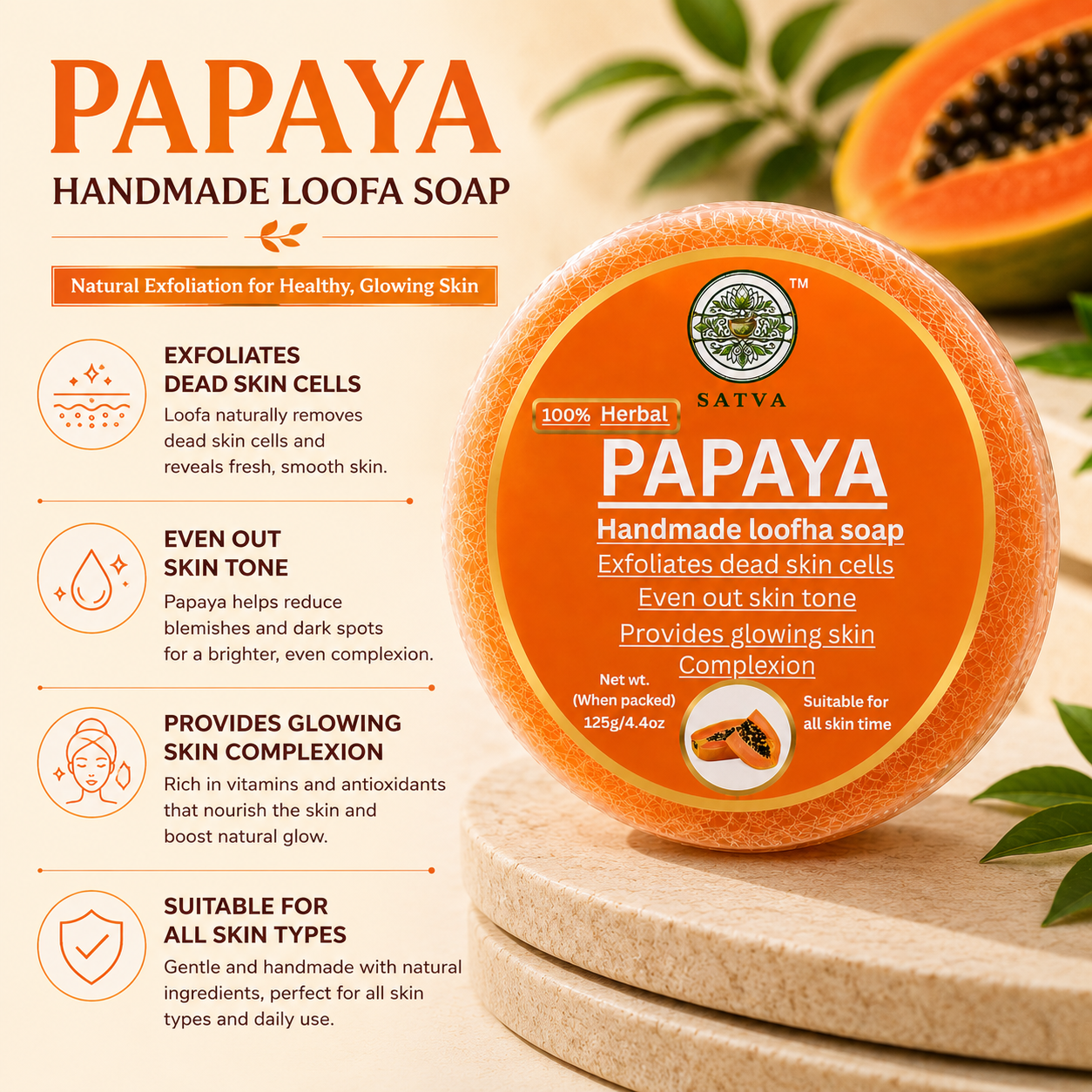 Satva Papaya Loofah Soap with Natural Loofah Fibers and Papaya