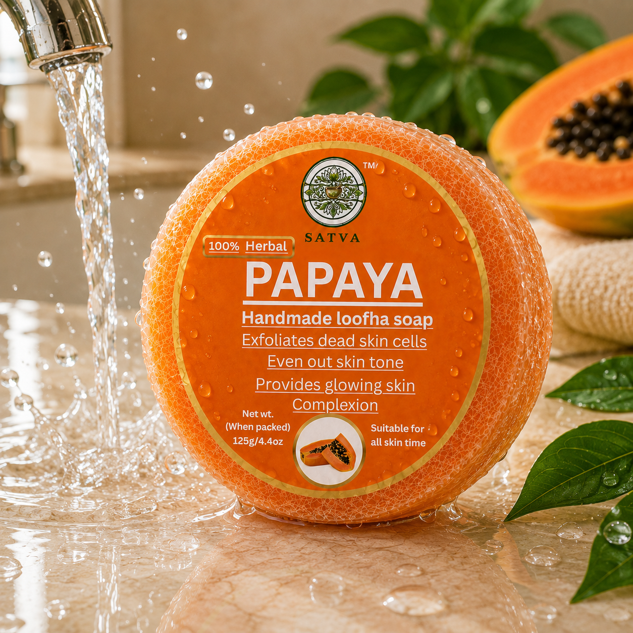 Satva Papaya Loofah Soap Handmade Exfoliating Bath Soap 125g