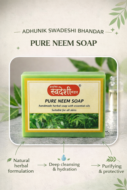 Pure Neem Soap packaging with branding and product features on a light background