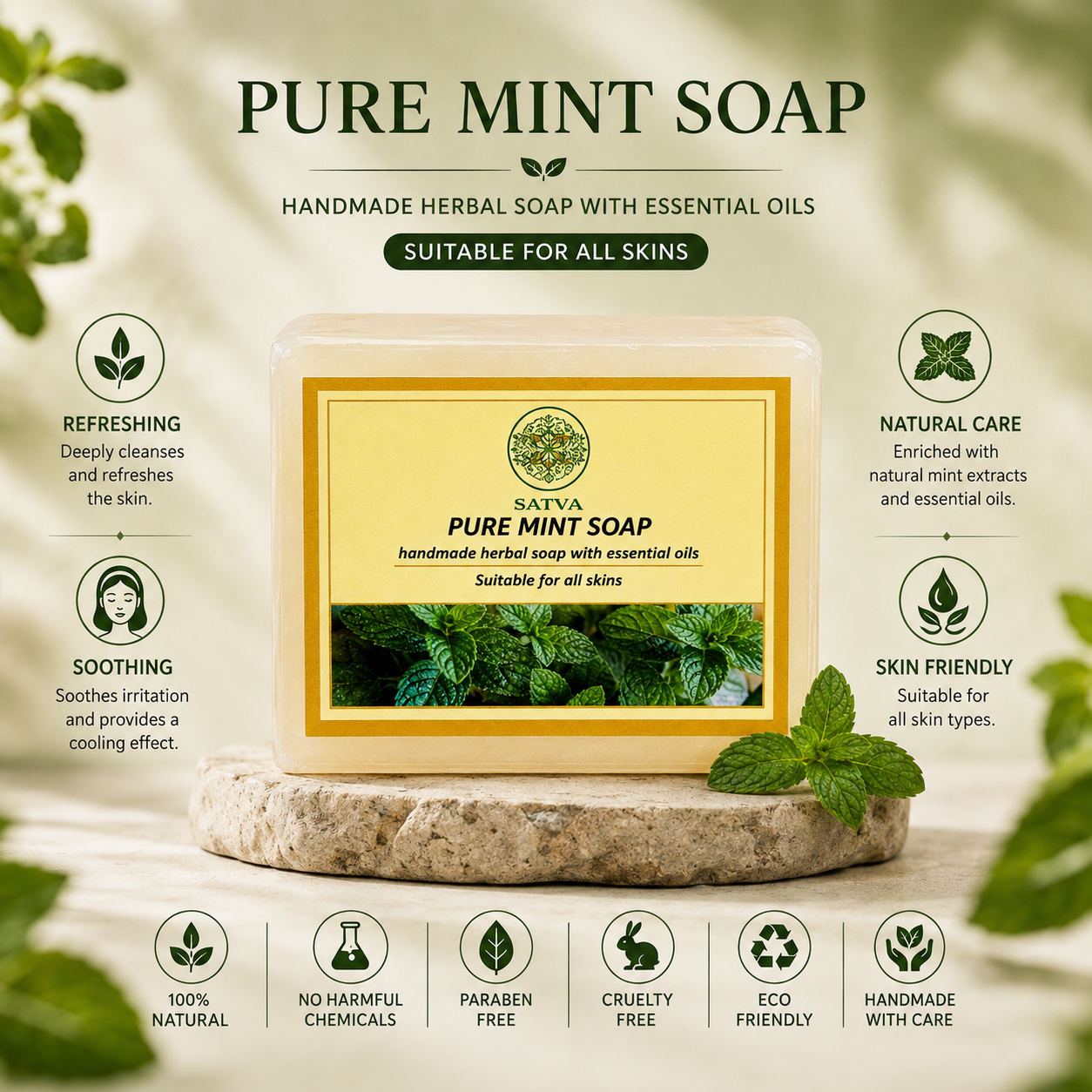 Satva Pure Mint Soap | Handmade Herbal Bath Soap with Essential Oils | 125g