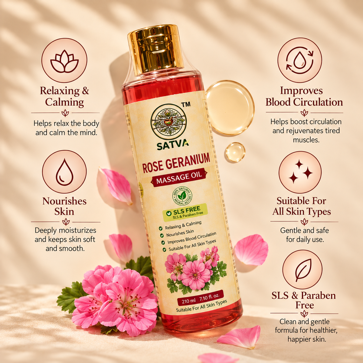 SATVA Rose Geranium Body Massage Oil for Nourishing Body Care