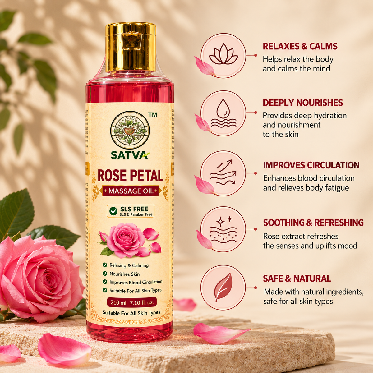 SATVA Rose Petal Massage Oil 210ml Product Benefits