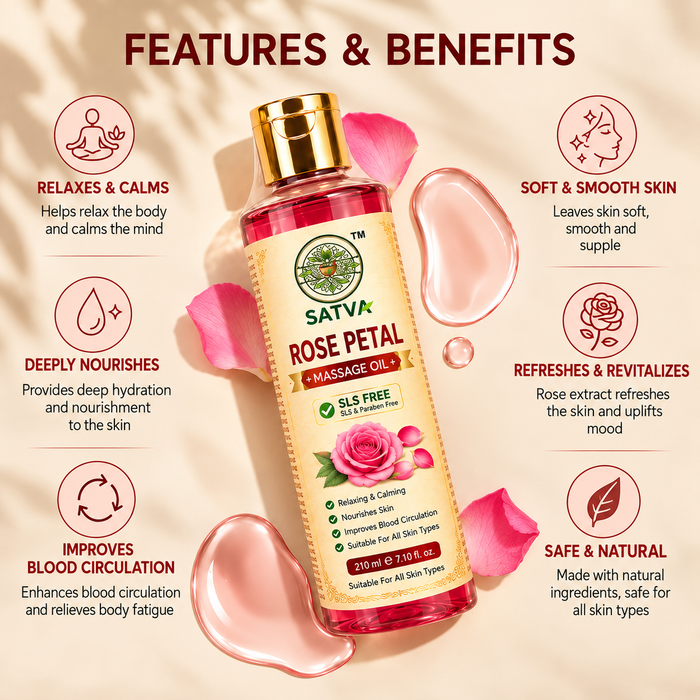 SATVA Rose Petal Massage Oil – SLS Free, Relaxing & Nourishing Body Massage Oil, 210ml