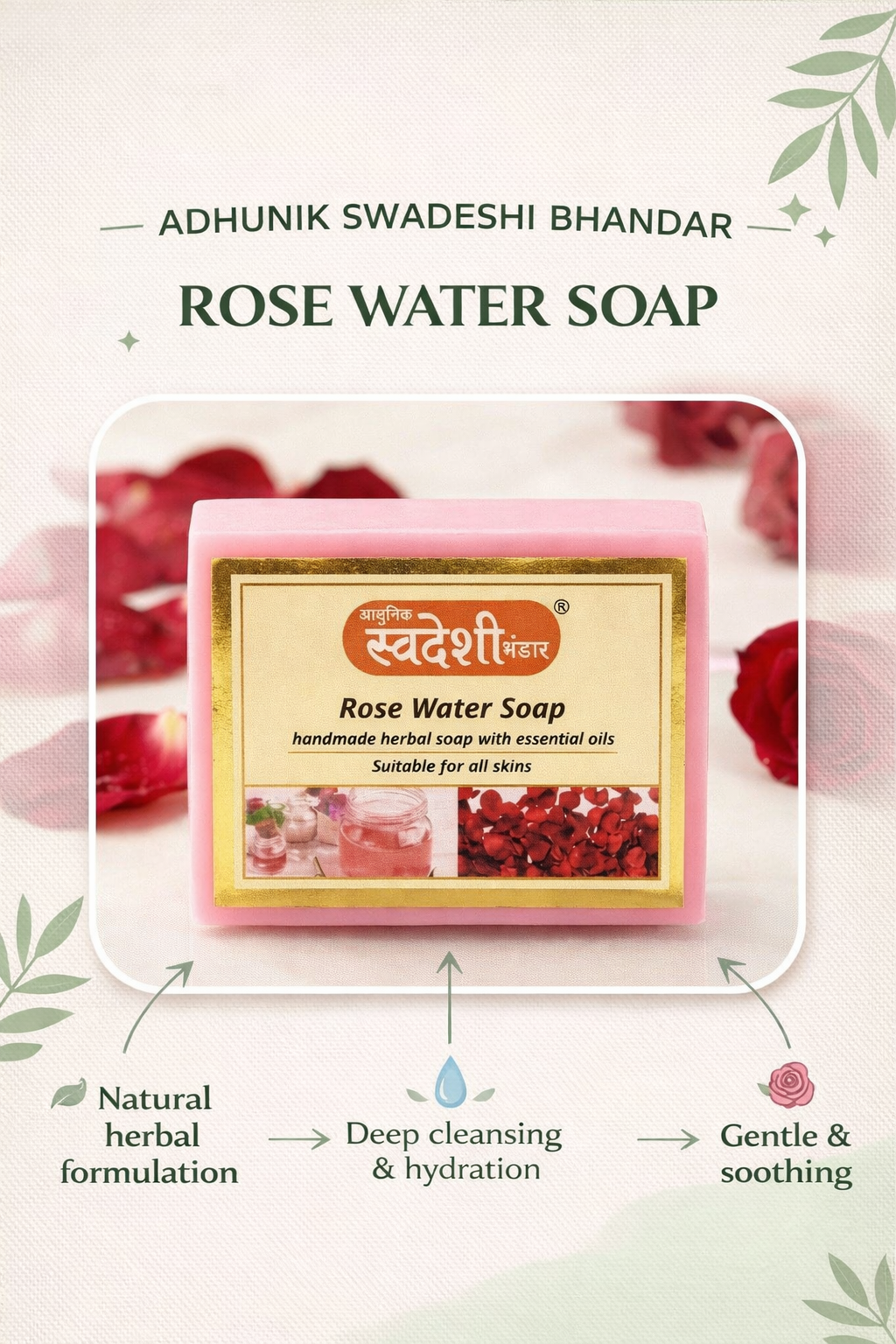 Rose water soap bar with packaging on a light background