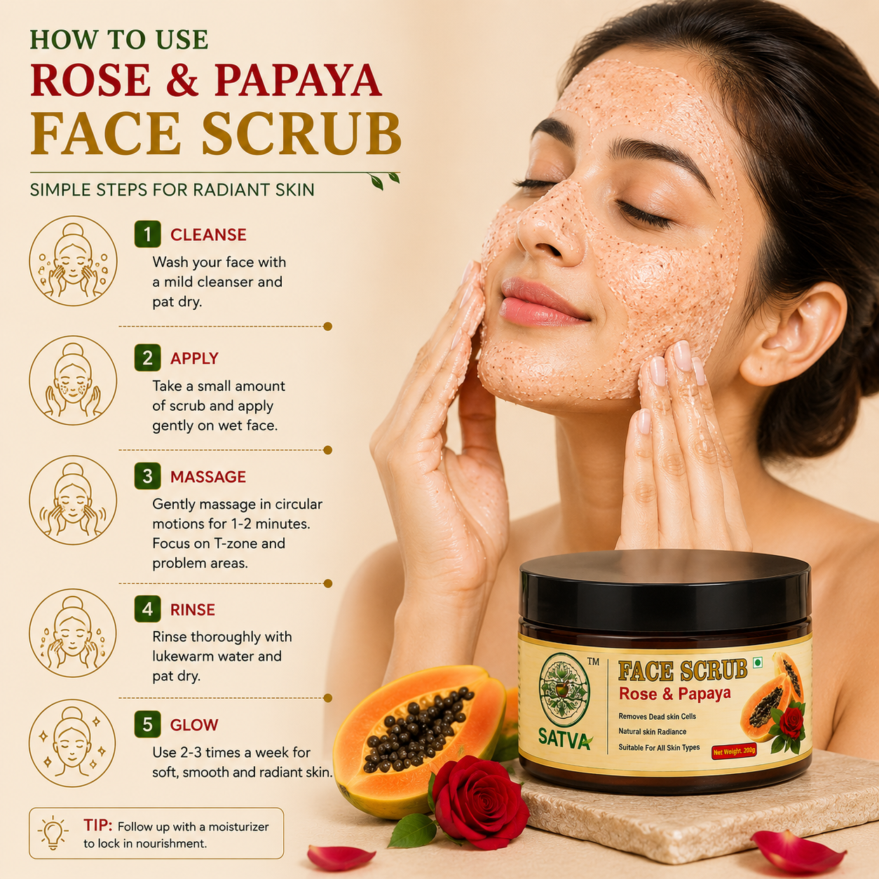 Satva Rose Papaya Face Scrub for Gentle Facial Exfoliation