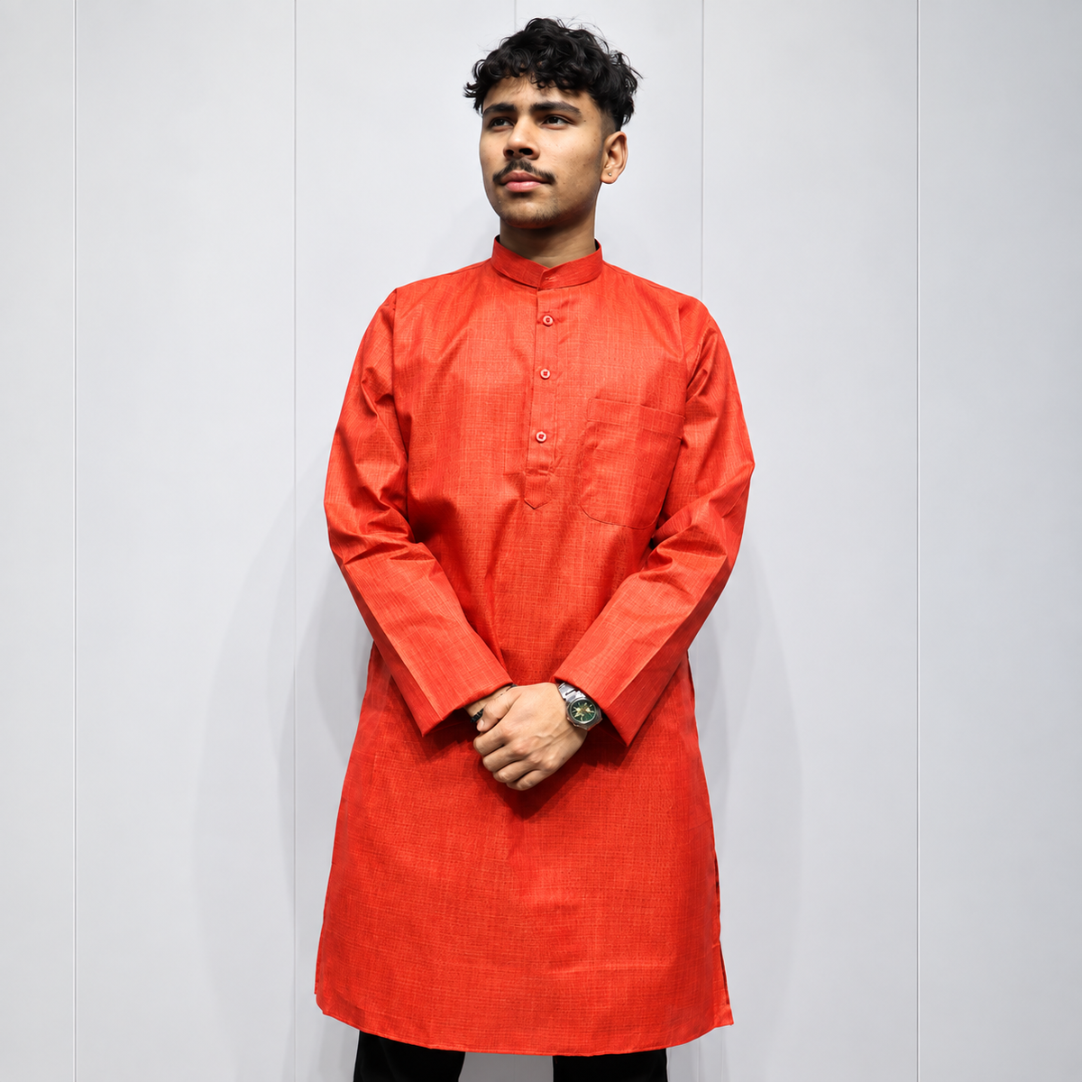 Orange Cotton men’s kurta front view