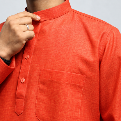 Orange Cotton men’s kurta mandarin collar 
