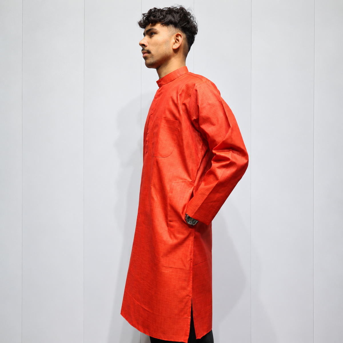Orange Cotton men’s kurta mandarin collar and chest pocket