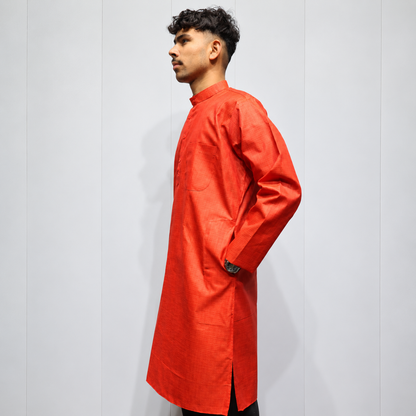 Orange Cotton men’s kurta mandarin collar and chest pocket