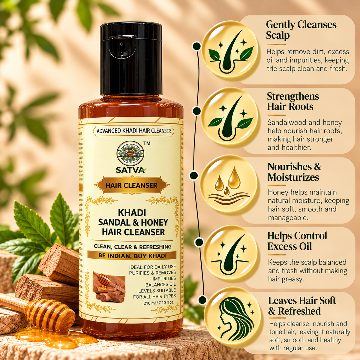 SATVA Khadi Sandal & Honey Hair Cleanser Key Benefits