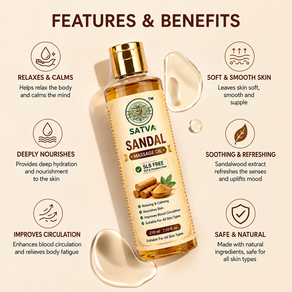SATVA Sandal Massage Oil – SLS Free, Relaxing & Nourishing Body Massage Oil, 210ml