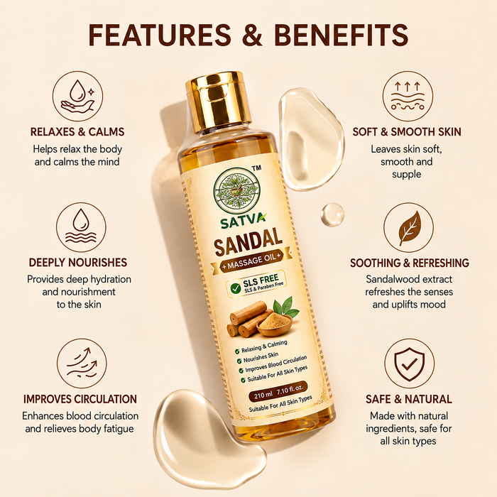 SATVA Sandal Massage Oil – SLS Free, Relaxing & Nourishing Body Massage Oil, 210ml