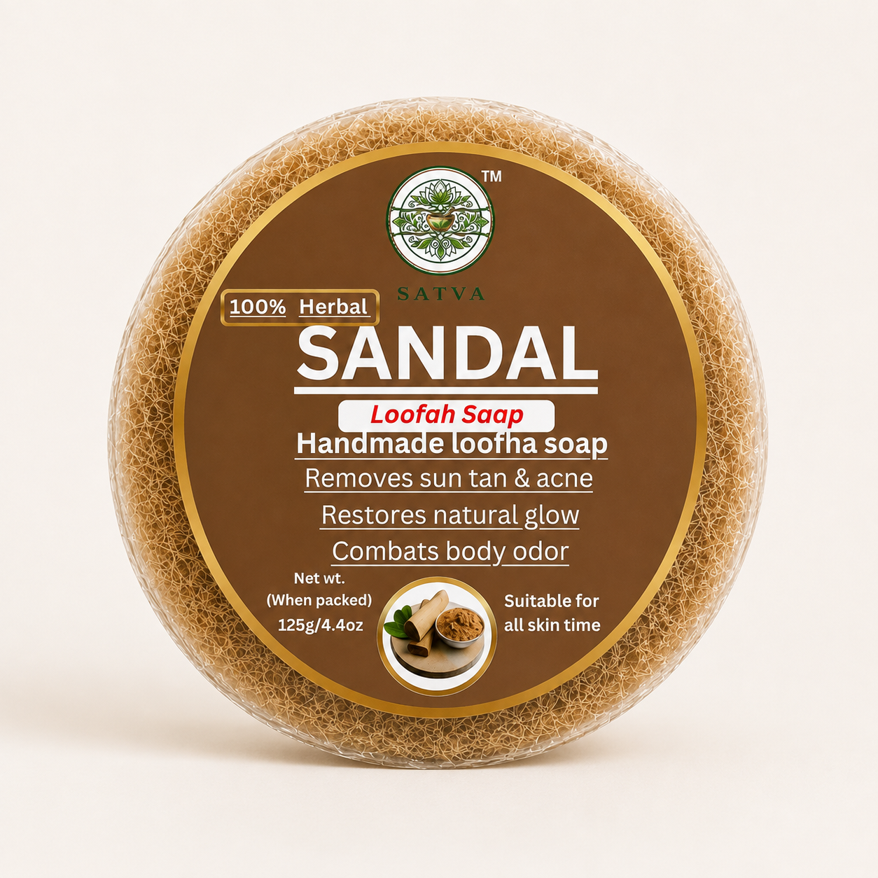 Satva Sandal Loofah Soap Handmade Sandalwood Exfoliating Bath Soap 125g