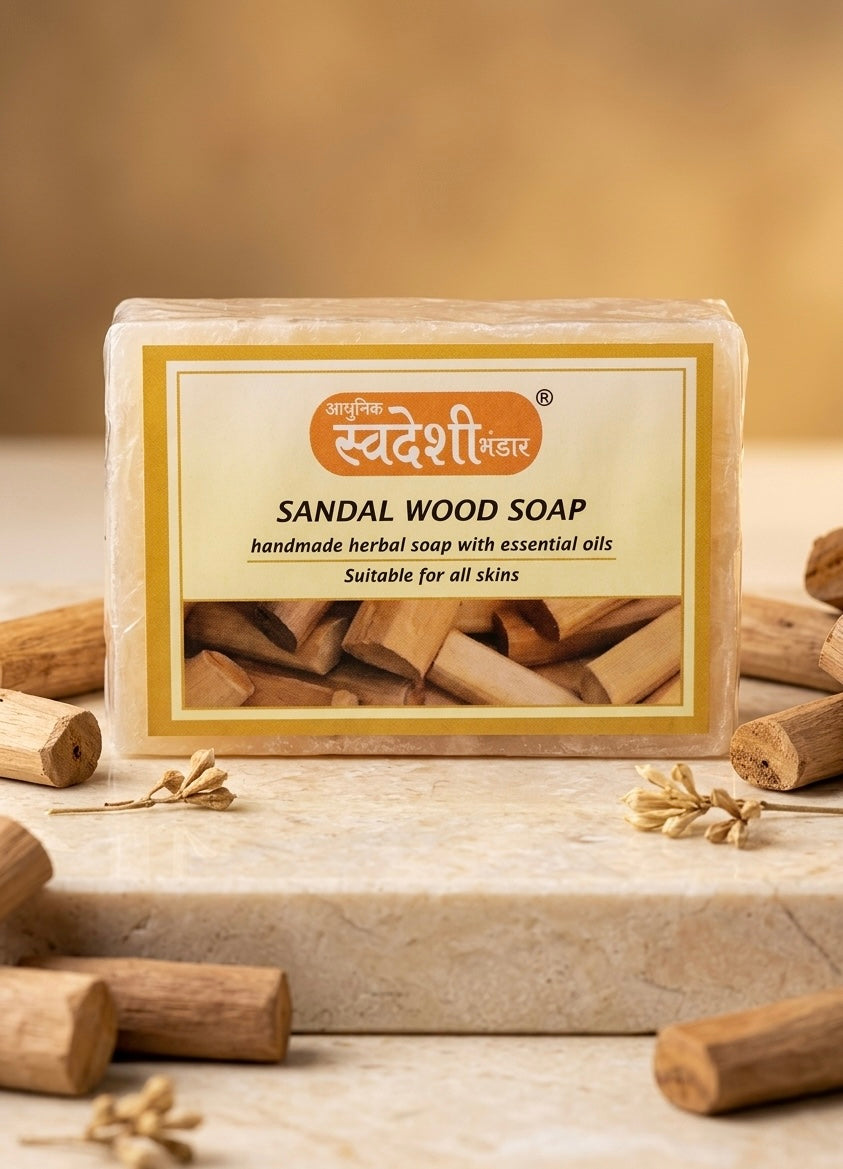 Sandalwood soap bar with packaging on a wooden surface