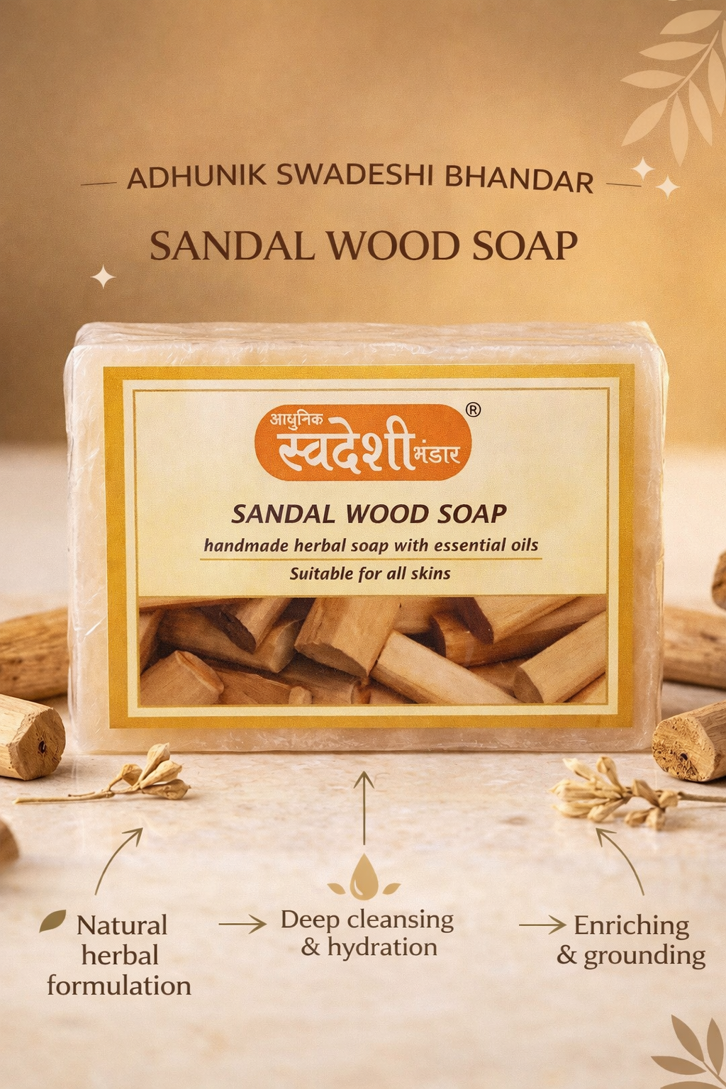 Sandalwood soap packaging with branding and product details on a beige background