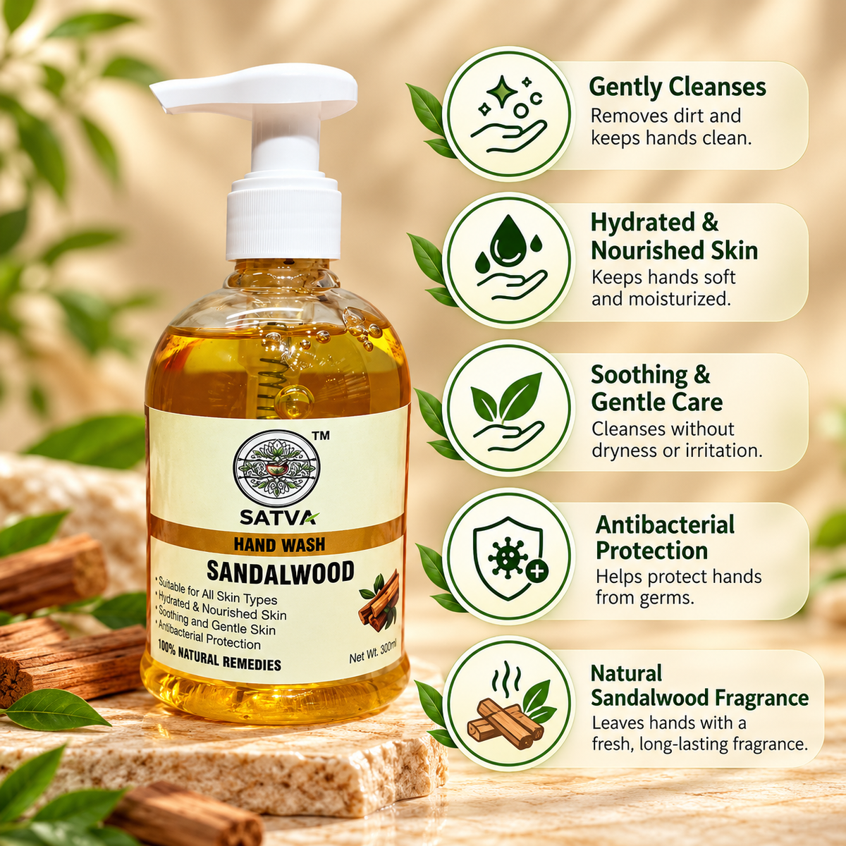 SATVA Sandalwood Hand Wash with Hydrating and Nourishing Care