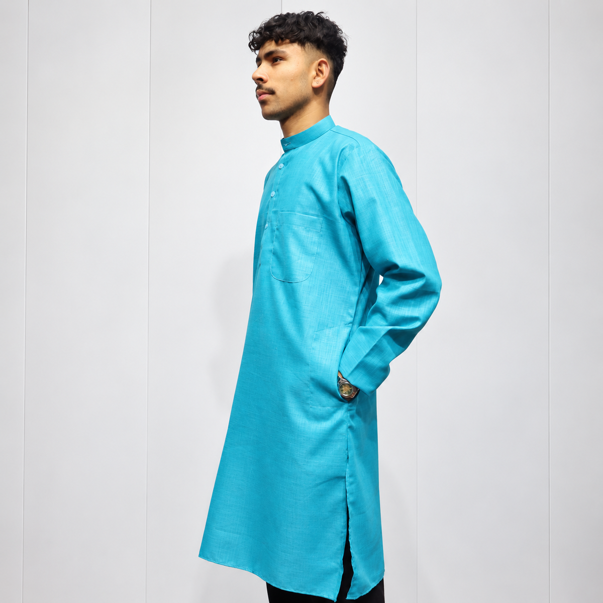 Sky Blue Cotton men’s kurta mandarin collar and chest pocket