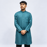 Teal Blue Khadi Cotton Men’s Kurta – Geometric Pattern Full Sleeve Traditional Wear