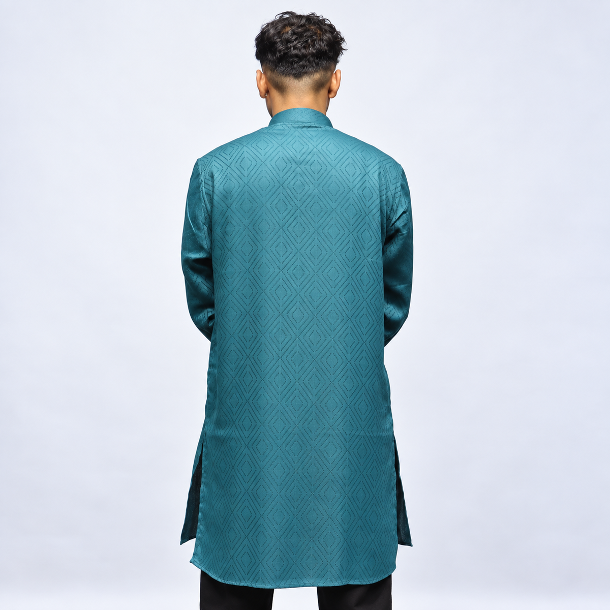 Geometric patterned teal blue men’s kurta back view