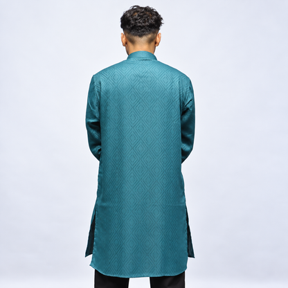 Geometric patterned teal blue men’s kurta back view