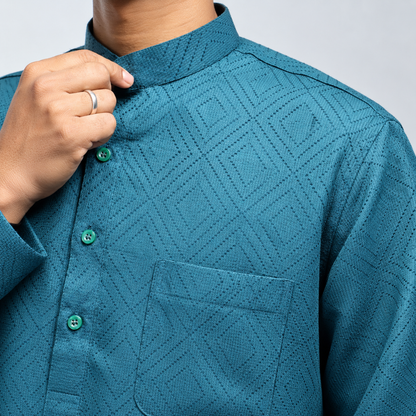 Teal blue Khadi cotton kurta with Mandarin collar