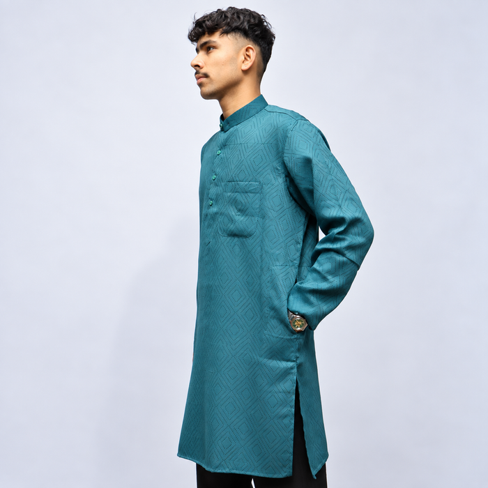Teal Blue Khadi Cotton Men’s Kurta – Geometric Pattern Full Sleeve Traditional Wear