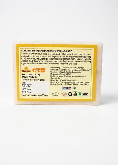 Vanilla soap bar with label on a white background