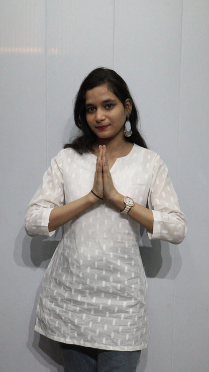 White Handloom Cotton Short Kurti with Pockets - Breathable Ethnic Tunic for Women