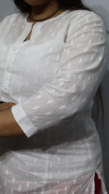 Swadeshi Khadi Cotton Long Kurti for Women - White Handloom Ethnic Straight Kurta with Buttons