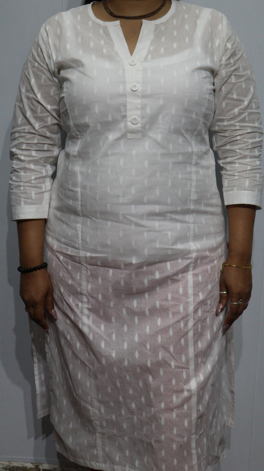 Swadeshi Khadi Cotton Long Kurti for Women - White Handloom Ethnic Straight Kurta with Buttons