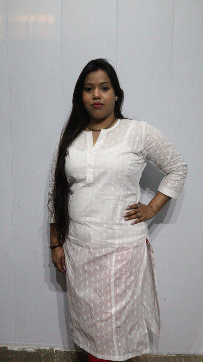 Swadeshi Khadi Cotton Long Kurti for Women - White Handloom Ethnic Straight Kurta with Buttons