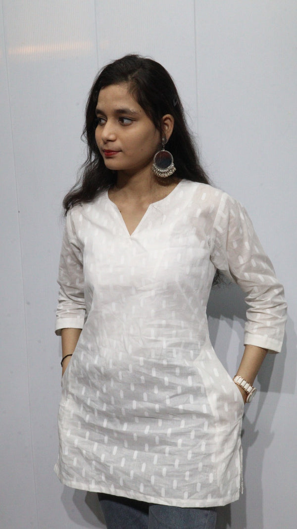 White Handloom Cotton Short Kurti with Pockets - Breathable Ethnic Tunic for Women