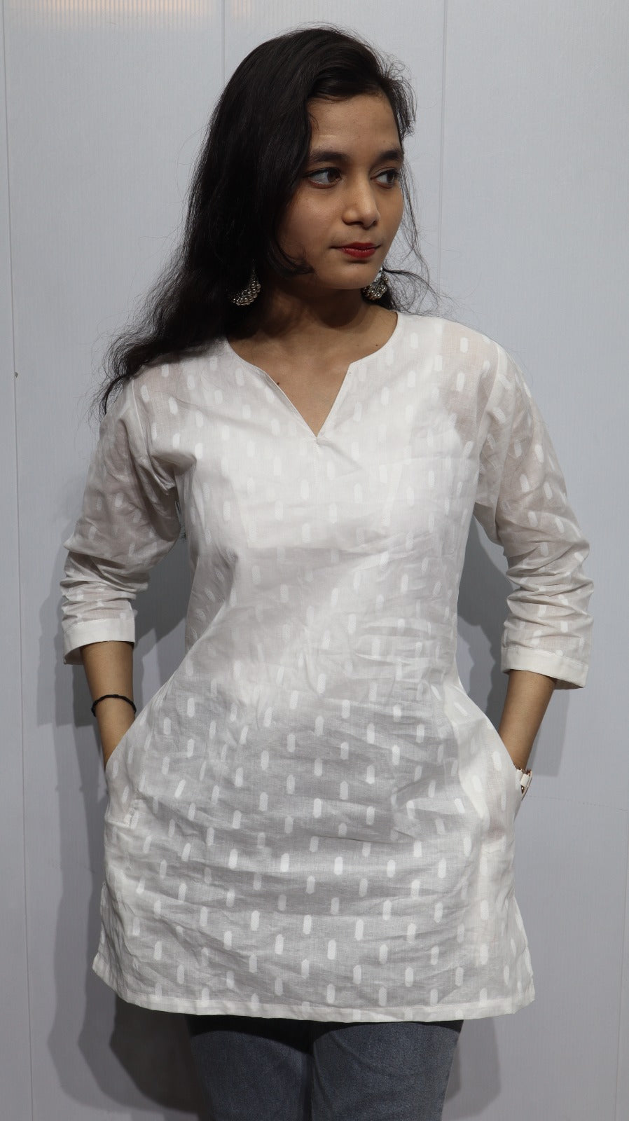 White Handloom Cotton Short Kurti with Pockets - Breathable Ethnic Tunic for Women