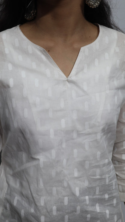 White Handloom Cotton Short Kurti with Pockets - Breathable Ethnic Tunic for Women