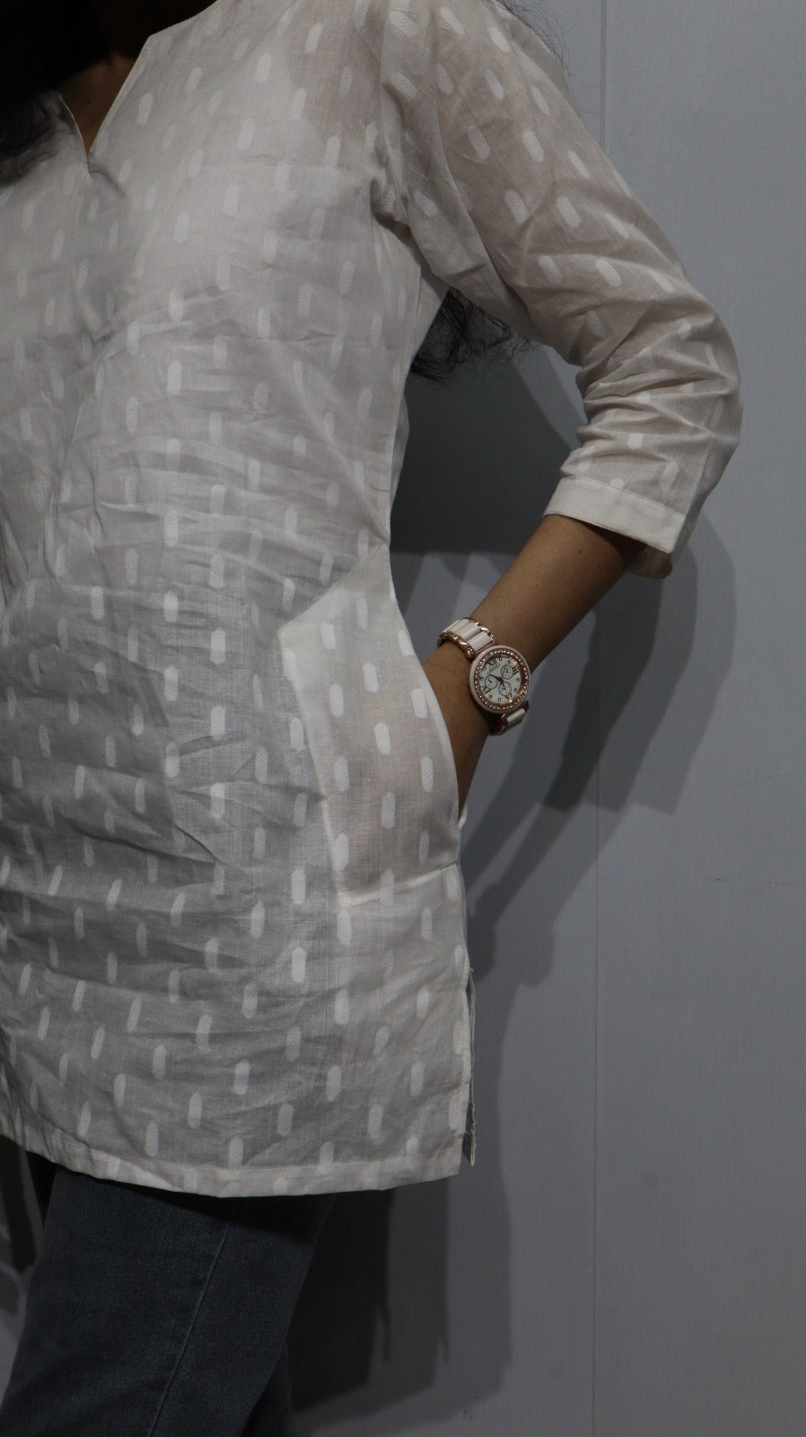 White Handloom Cotton Short Kurti with Pockets - Breathable Ethnic Tunic for Women