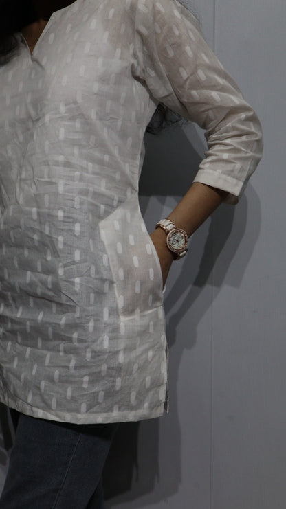 White Handloom Cotton Short Kurti with Pockets - Breathable Ethnic Tunic for Women