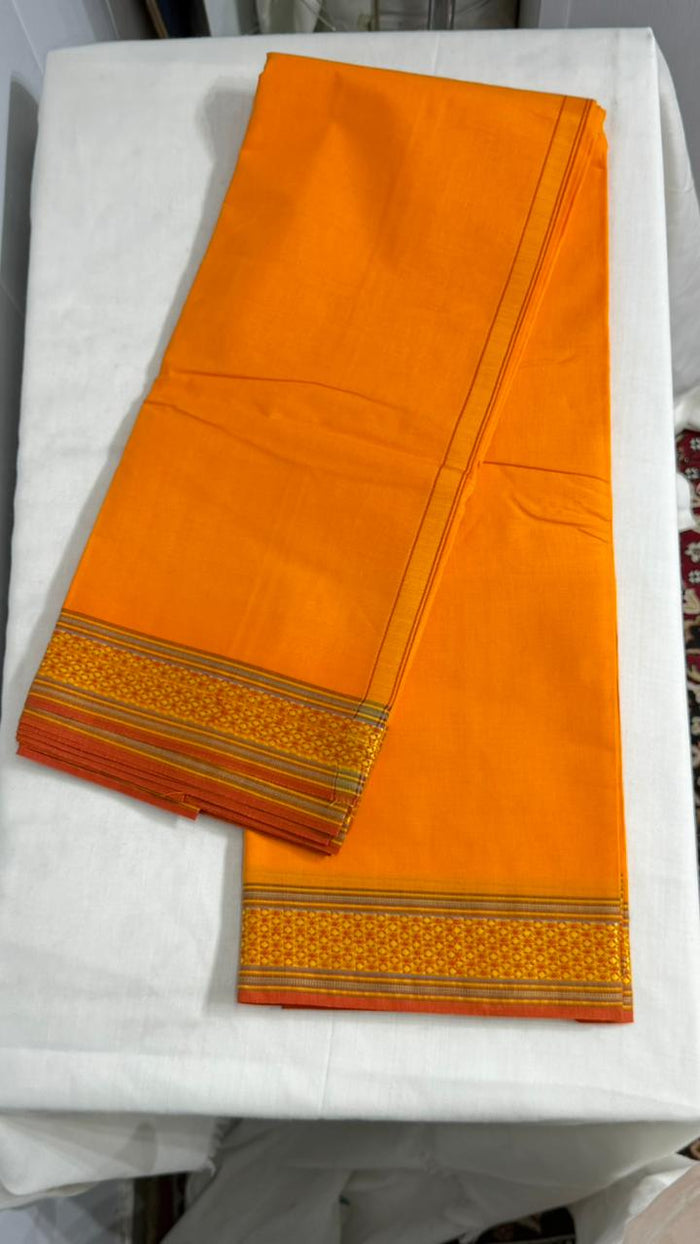 Adhunik Swadeshi Bhandar Orange Cotton Dhoti Set with Angavastram | Traditional Pooja & Festive Wear