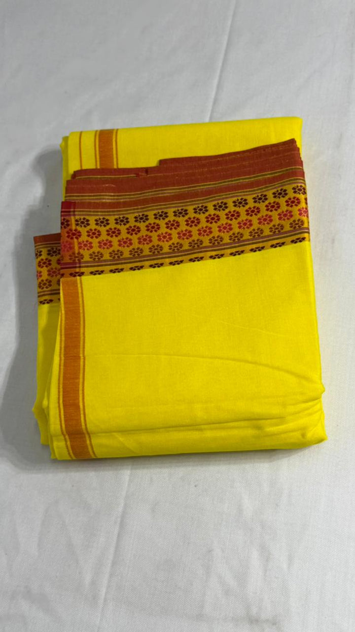 Adhunik Swadeshi Bhandar Yellow Cotton Dhoti Set with Angavastram | Traditional Pooja & Festive Wear
