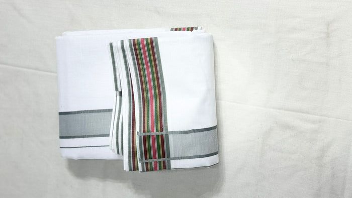 Adhunik Swadeshi Bhandar White Cotton Dhoti Set with Angavastram | Traditional South Style Pooja & Festive Wear