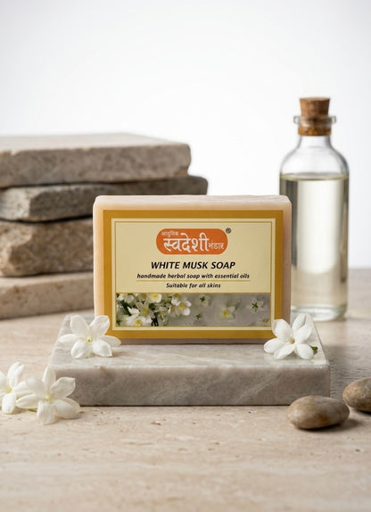 Adhunik Swadeshi Bhandar White Musk Soap – Handmade Herbal Bath Bar with Essential Oils for Soft & Long-Lasting Fragrance(125g)